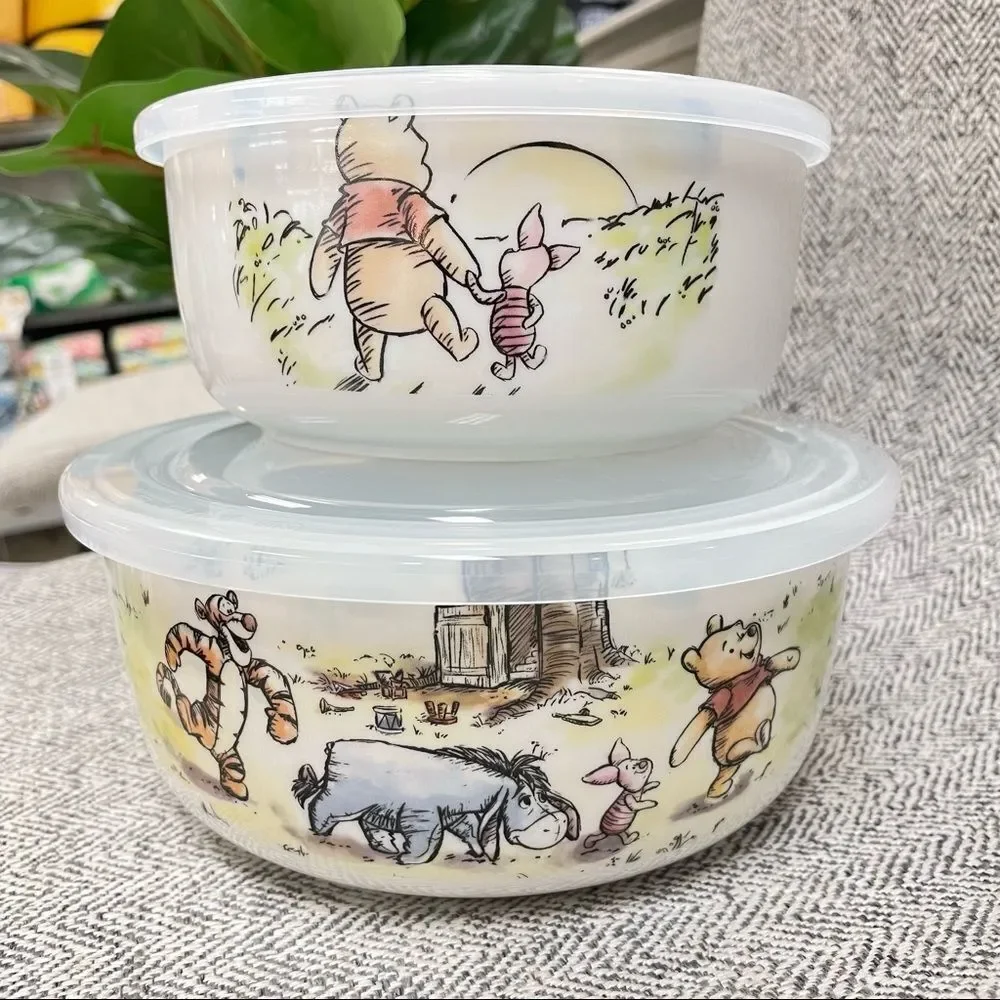 NWT Disney 2 Pc Winnie the Pooh Ceramic White Vented Food container 2 Pieces Set
